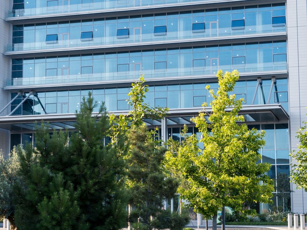 Glass office building with landscaped trees