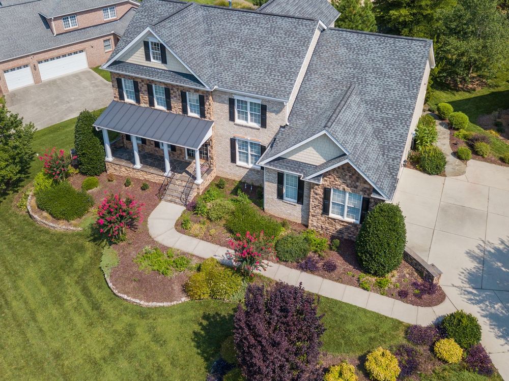Aerial view of a landscaped home